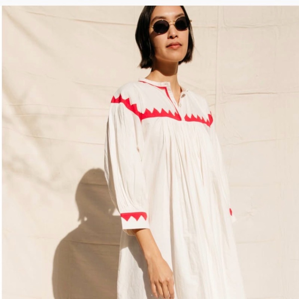 White Cotton Midi Dress with Red Zigzag Trim - Women